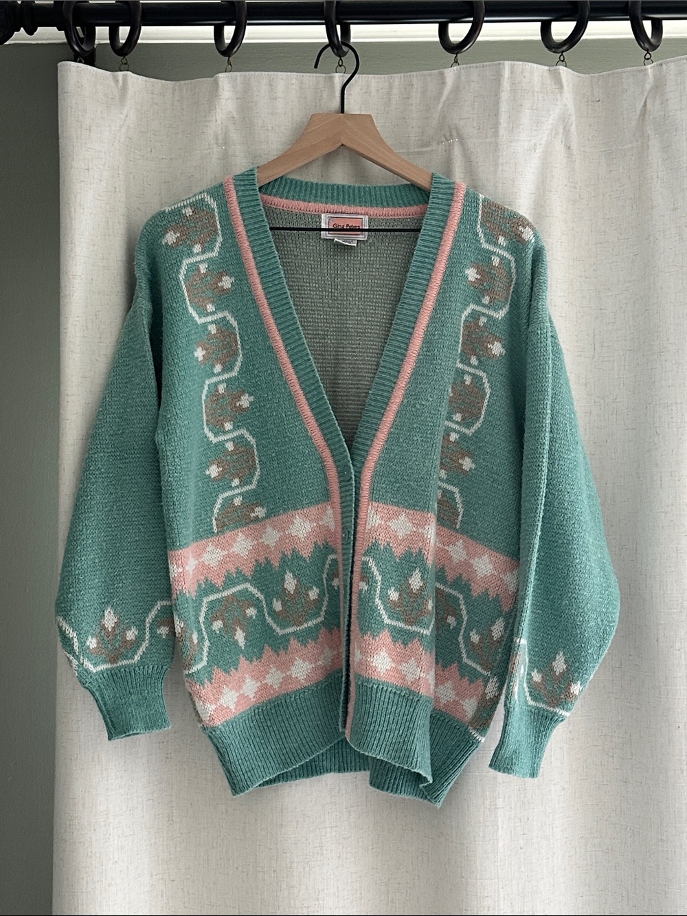 Vintage Gina Peters Pastel Knit Cardigan Sweater Medium Seafoam Pink Grandma